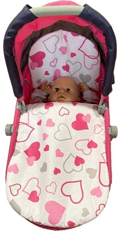 SDS Peřinky do kočárku pro panenky Srdíčka šedorůžová Bavlna, výplň: Polyester, 1x 27x40 cm / 25x20 cm