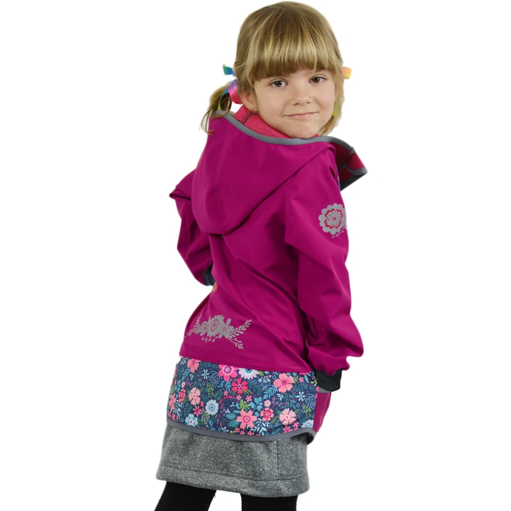 Unuo Dětská softshellová bunda bez zateplení Basic Tm. růžová malinová Květinky 110/116