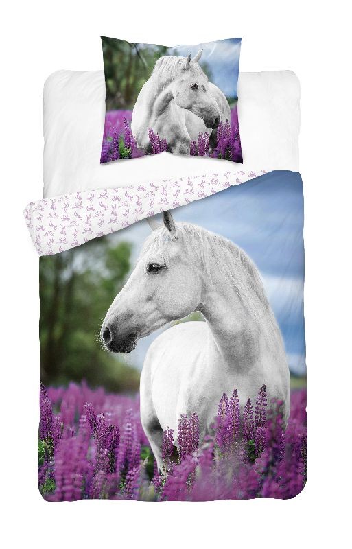 Detexpol Povlečení Bílý Kůň v levanduli Svítící  Bavlna, 140/200, 70/80 cm