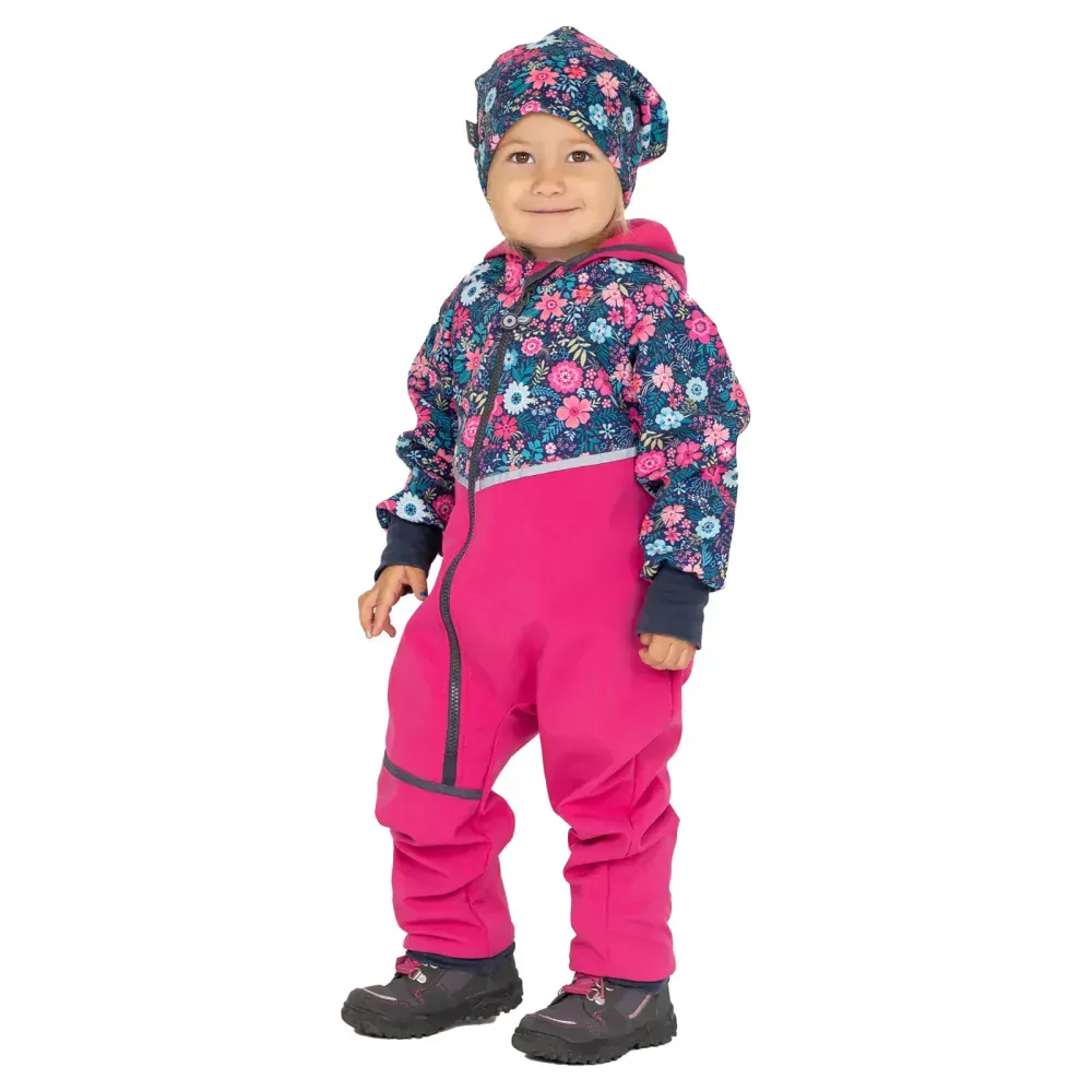 Unuo Batolecí softshellová kombinéza s fleecem Mini Fuchsiová Květinky 86/92