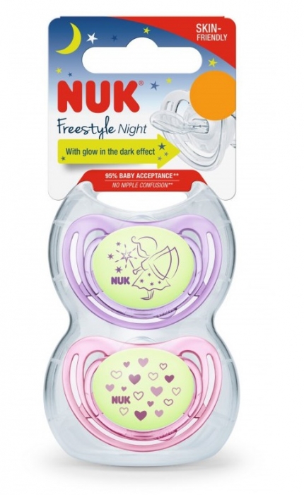 NUK Symetrický dudlík Night&Day Svítící, 2 ks, 0-6m+ Víla Růžová/fialová