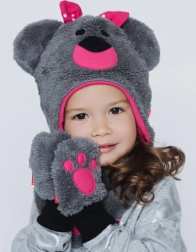 Bexa Zimní čepice na zavazování s oušky Teddy Šedá/růžová, vel. 92/98