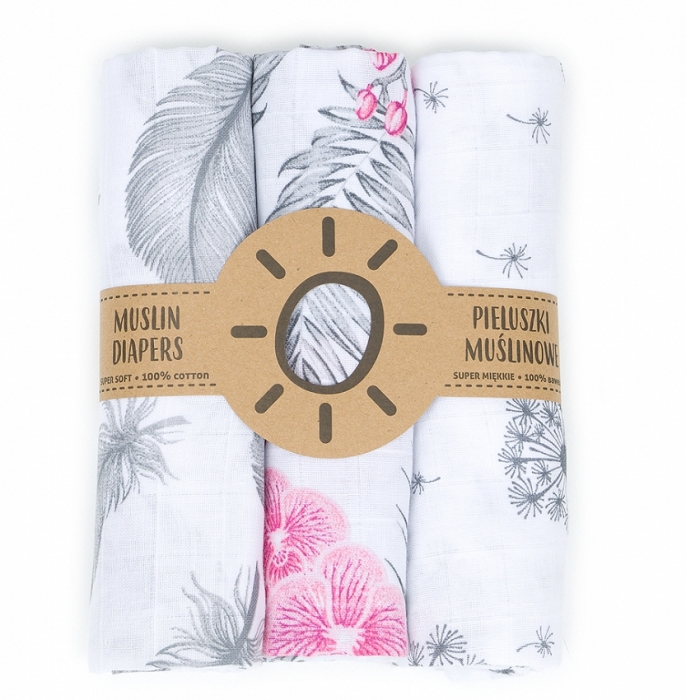 Mamo Tato Mušelínové plenky 3ks + žínka Pampeliška, květy, pírka  80/80 cm