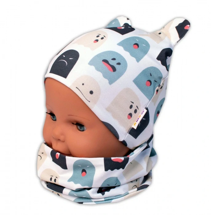 Baby Nellys Dvouvrstvá čepice s oušky, komínek Příšerky Bílá/mátová  Obvod: 44-46 cm