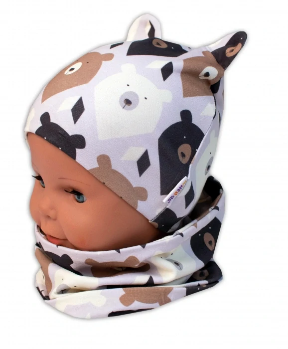 Baby Nellys Dvouvrstvá čepice s oušky, komínek Medvědi Hnědá/smetanová Obvod: 44-46 cm