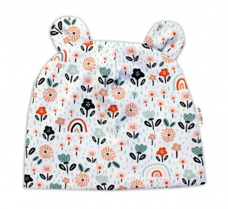 Baby Nellys Dvouvrstvá čepice s oušky, šátek Palouček Smetanová  Obvod: 38-42 cm