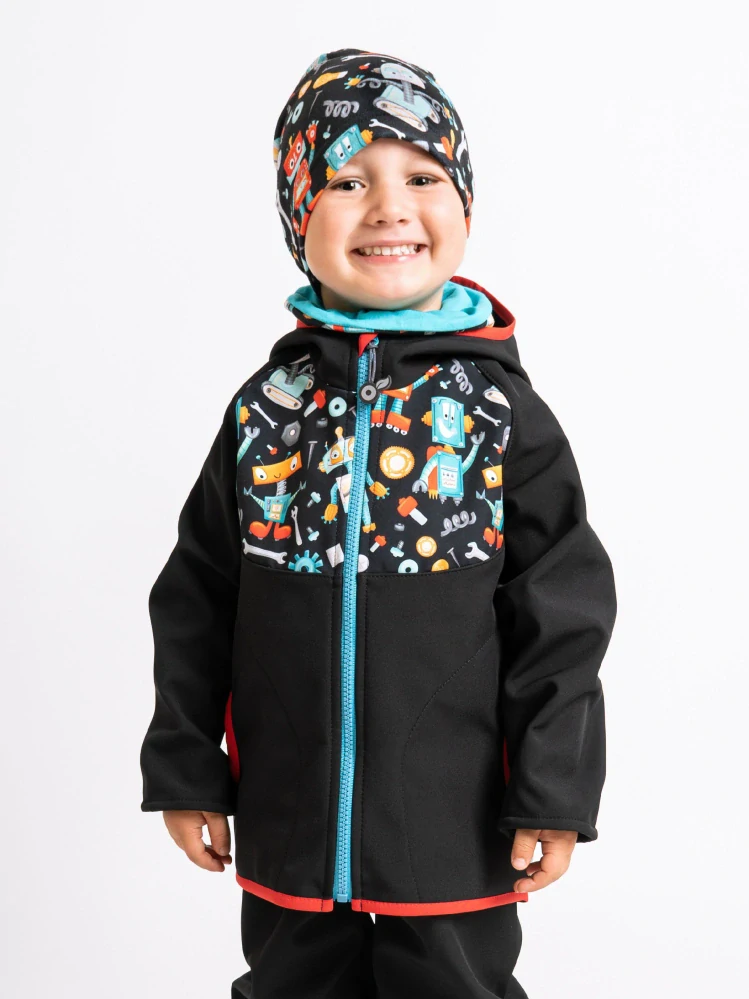 Unuo Dětská softshellová bunda s fleecem Basic Černá Roboti 92/98