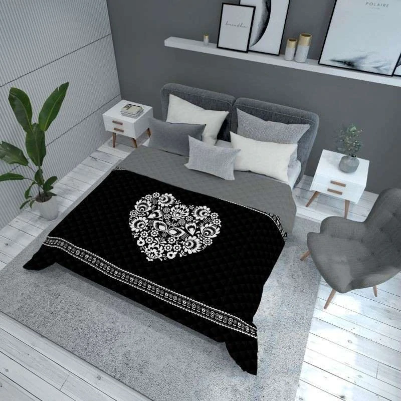 DETEXPOL Přehoz na postel Srdce černá  Polyester, 170/210 cm