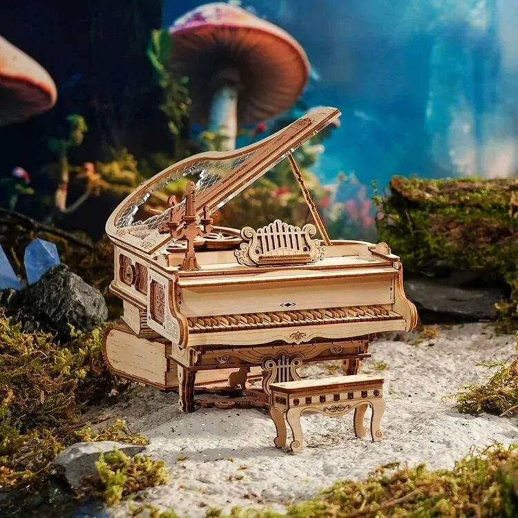 RoboTime 3D dřevěná skládačka hrací skříňky Kouzelné piano (mechanický pohon)