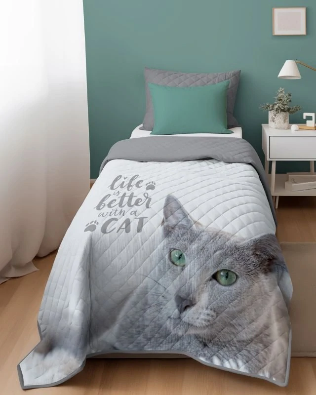 DETEXPOL Přehoz na postel Kočka grey Polyester, 170/210 cm