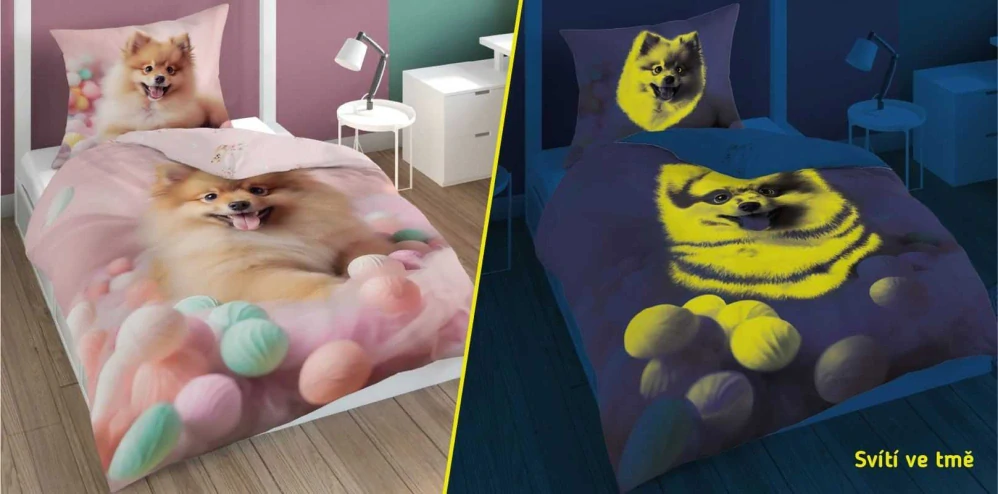 DETEXPOL Povlečení Pejsek Pomeranian svítící  Bavlna, 140/200, 70/80 cm