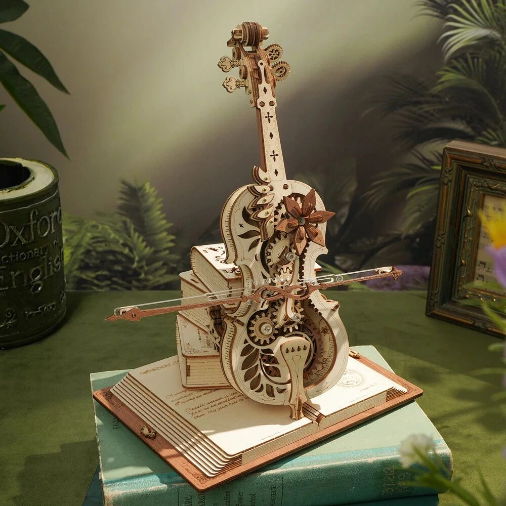 RoboTime 3D dřevěná skládačka hrací skříňky Kouzelné violoncello barevné (mechanický pohon)