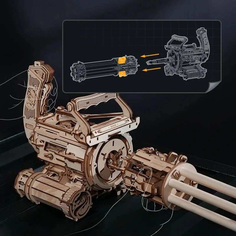 RoboTime 3D dřevěná mechanická skládačka Rotační kulomet