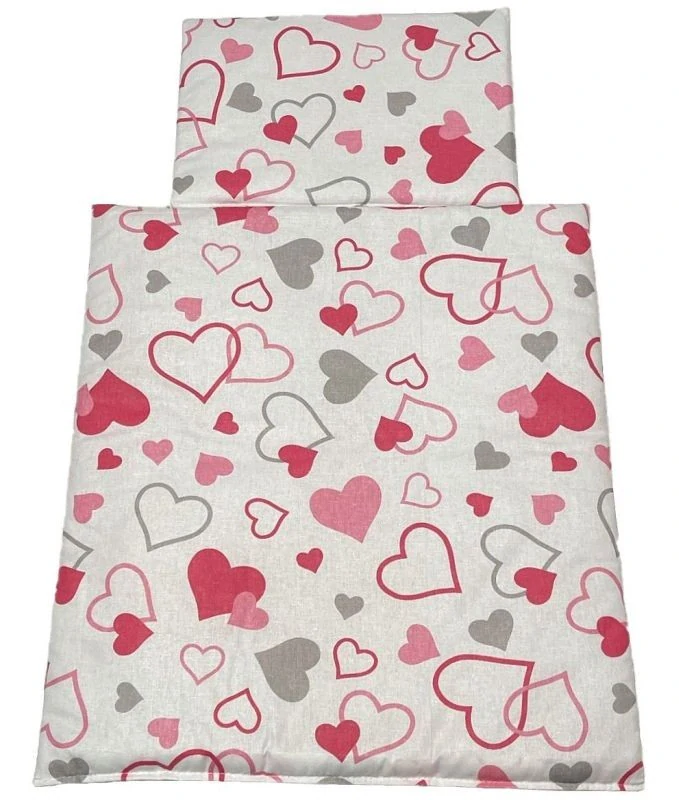 SDS Peřinky do postýlky pro panenky Srdíčka šedorůžová Bavlna, výplň: Polyester, 1x 38x44 cm / 28x20 cm