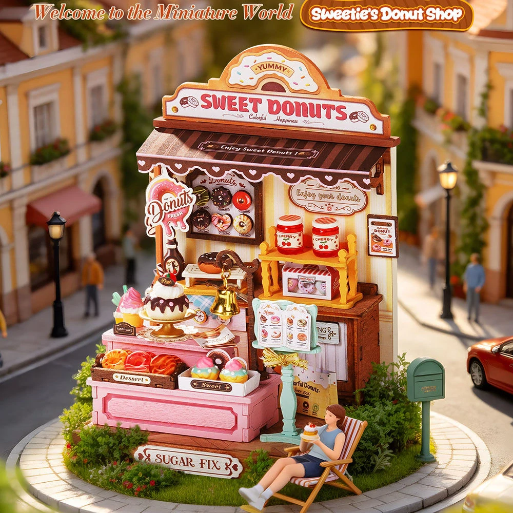 RoboTime 3D dřevěná skládačka Miniatura domečku Obchod s donuty
