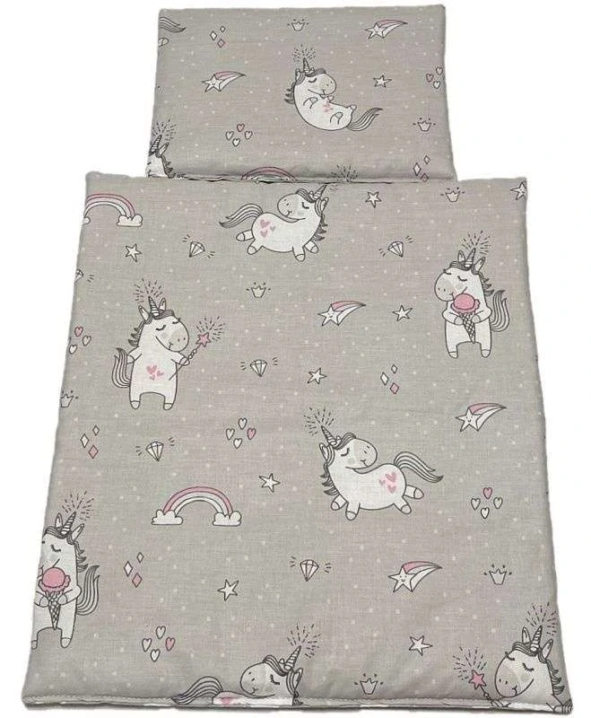 SDS Peřinky do postýlky pro panenky Jednorožec šedá Bavlna, výplň: Polyester, 1x 38x44 cm / 28x20 cm
