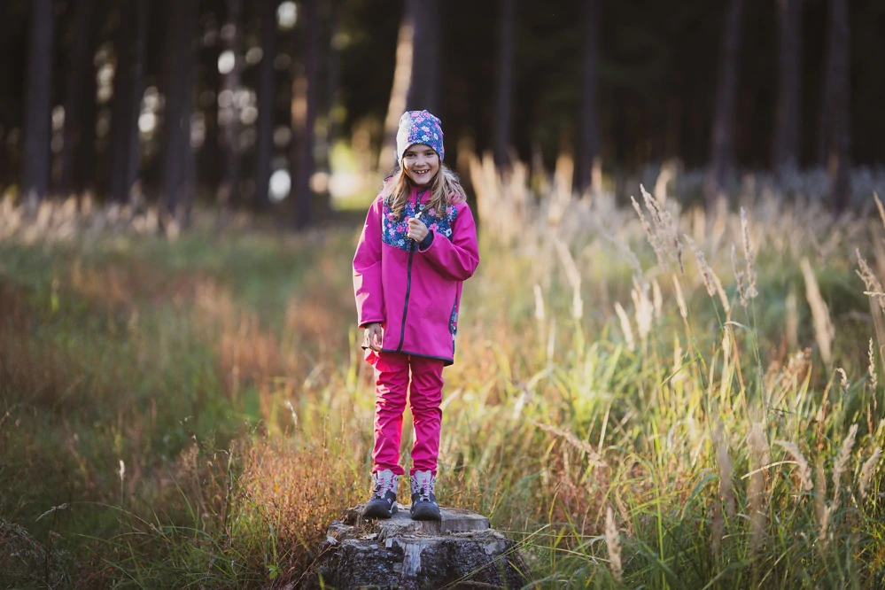 Unuo Dětská softshellová bunda s fleecem Basic Fuchsiová Květinky 104/110