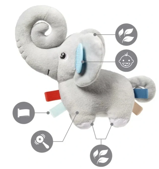 BabyOno Závěsná plyšová hračka s chrastítkem a kousátkem Slůně