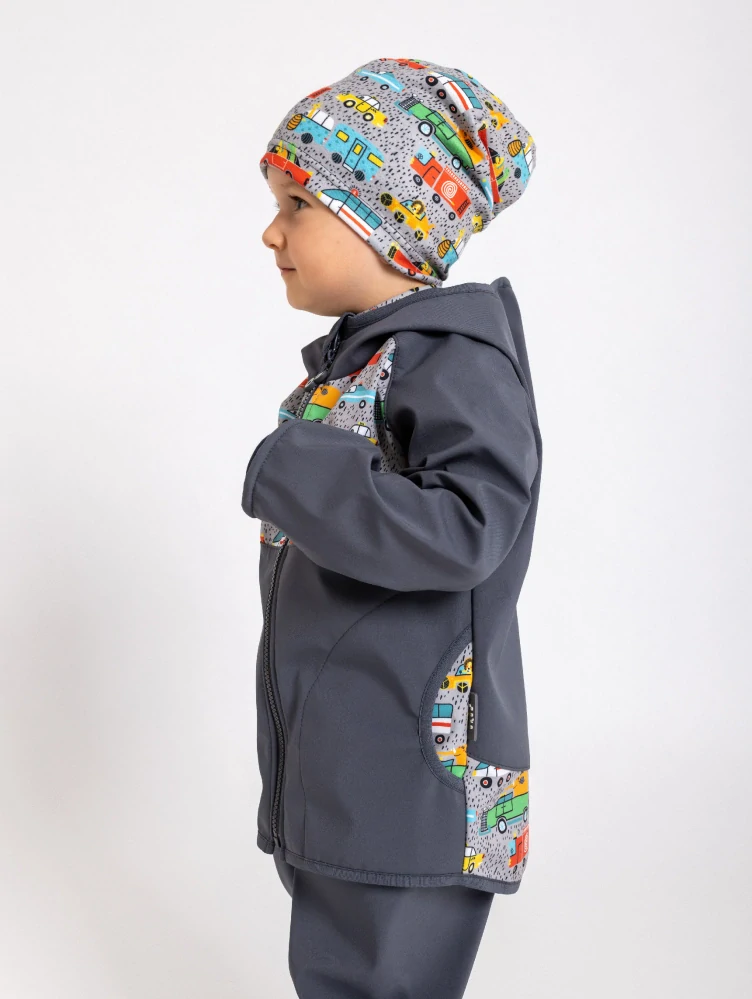 Unuo Dětská softshellová bunda s fleecem Basic Tm. šedá ZOO na výletě 92/98