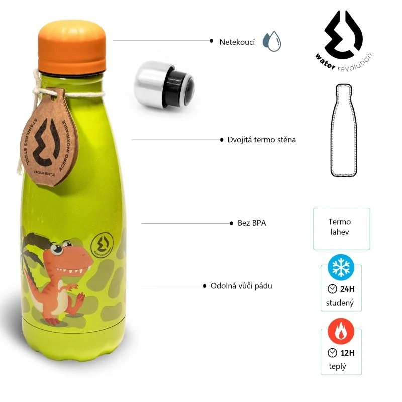 Water Revolution Dětská nerezová Termo láhev na pití Dino Potravinářská nerezová ocel 18/8, 350 ml
