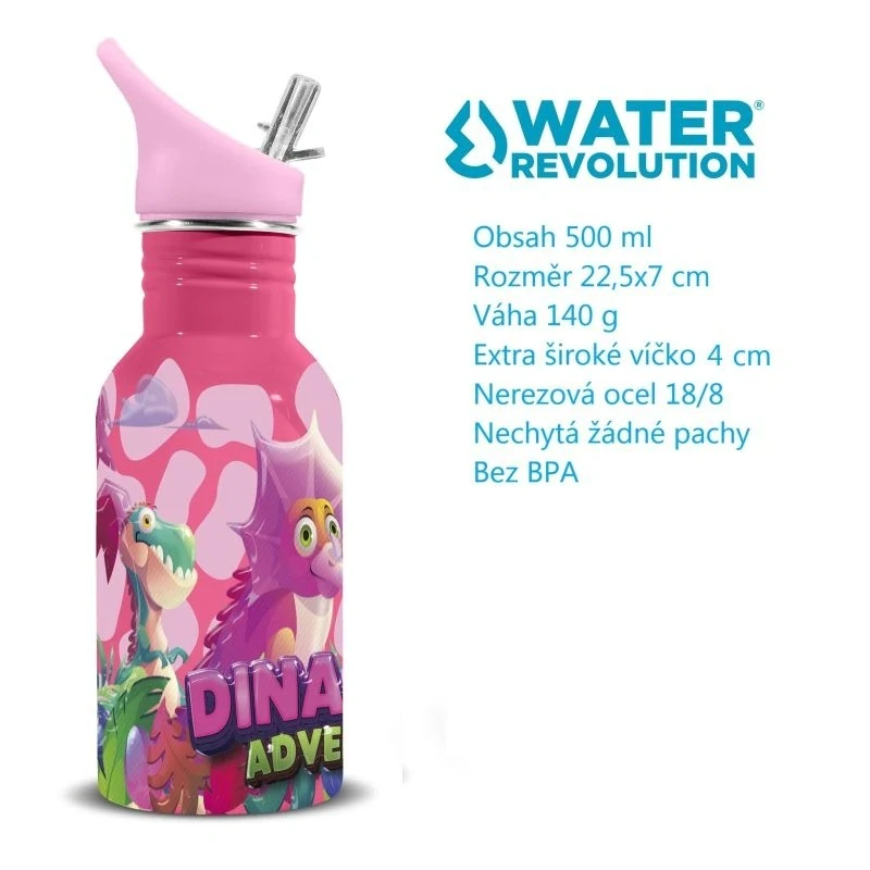Water Revolution Dětská nerezová láhev na pití Dinaland pink  Potravinářská nerezová ocel 18/8, 500 ml