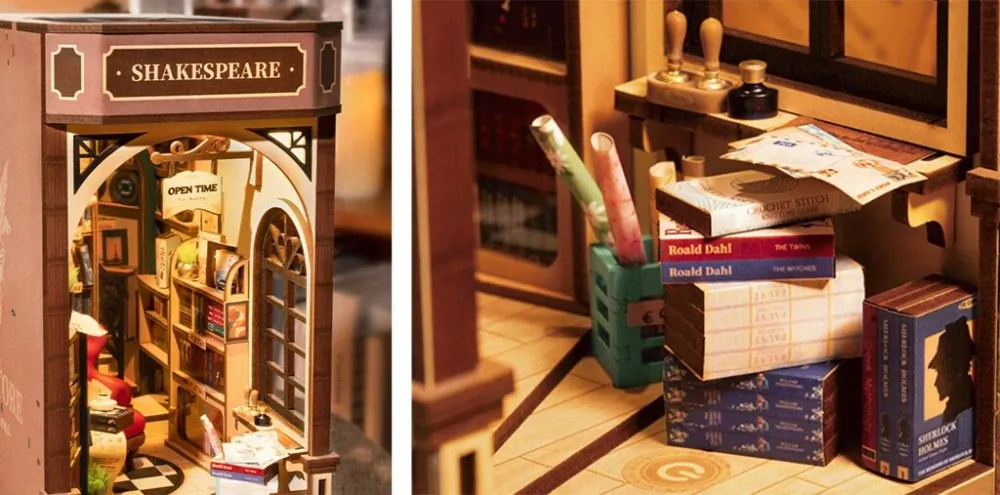 RoboTime 3D skládačka Zarážka na knihy Miniatura domečku Knihkupectví