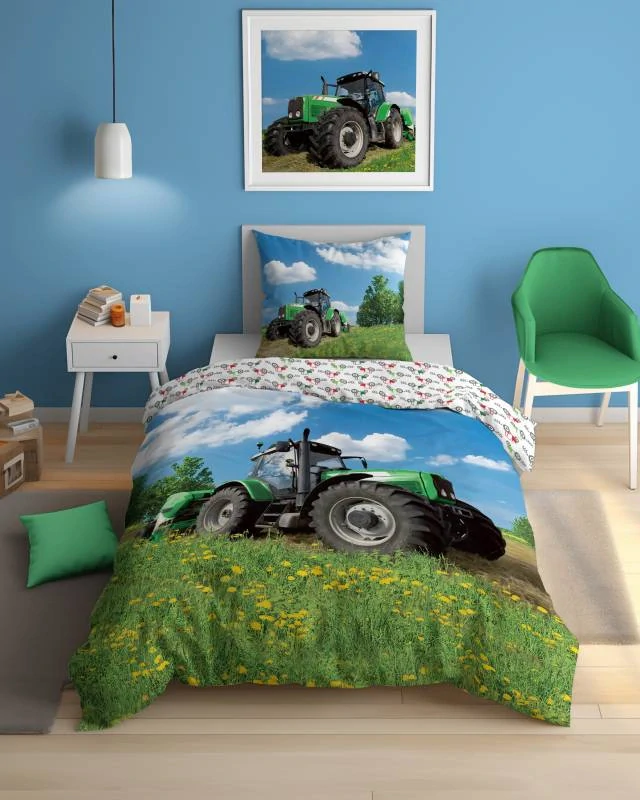 DETEXPOL Povlečení Traktor na louce svítící Bavlna, 140/200, 70/80 cm
