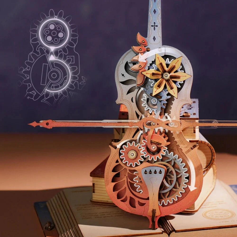 RoboTime 3D dřevěná skládačka hrací skříňky Kouzelné violoncello barevné (mechanický pohon)