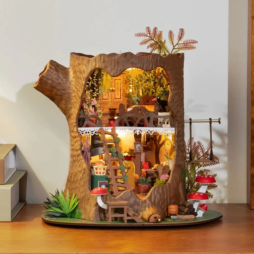 RoboTime 3D dřevěná skládačka Miniatura domečku Lesní chaloupka z pařezu