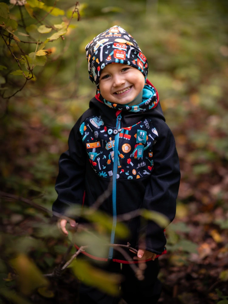 Unuo Dětská softshellová bunda s fleecem Basic Černá Roboti 92/98