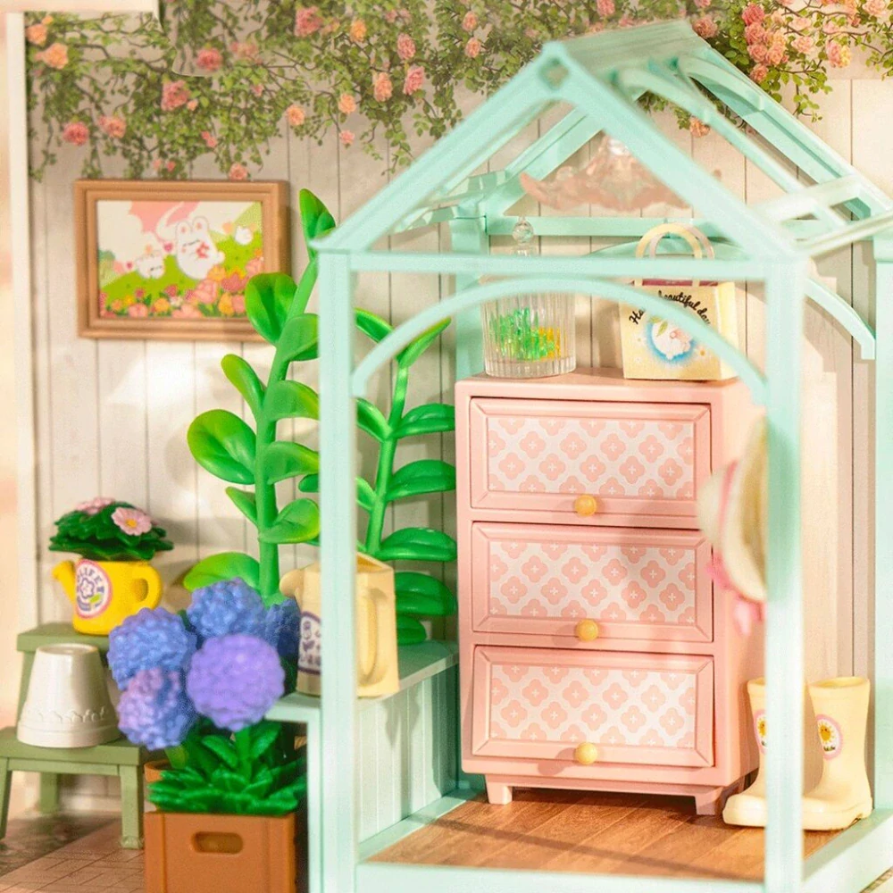 RoboTime 3D dřevěná skládačka Miniatura domečku Posezení s čajem v kvetoucí zahradě