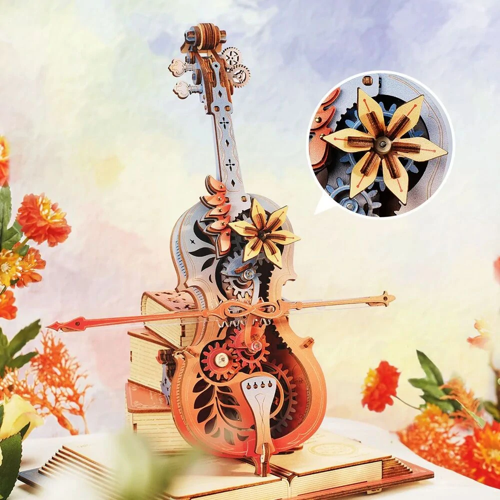 RoboTime 3D dřevěná skládačka hrací skříňky Kouzelné violoncello barevné (mechanický pohon)