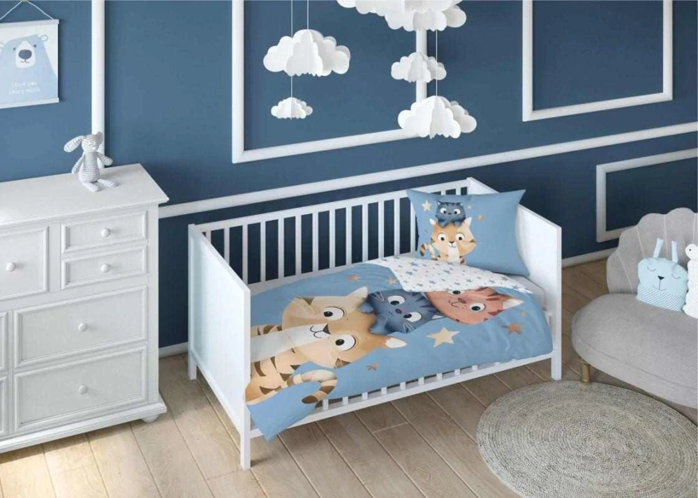 DETEXPOL Povlečení do postýlky Kočičky Blue Bavlna, 100/135, 40/60 cm