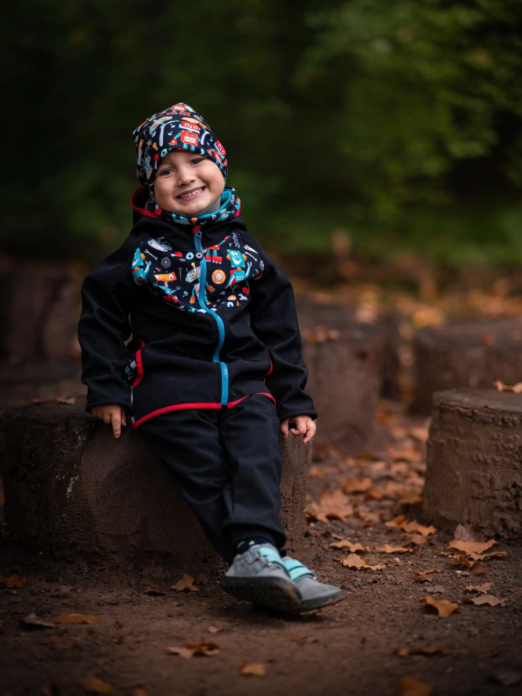 Unuo Dětská softshellová bunda s fleecem Basic Černá Roboti 80/86