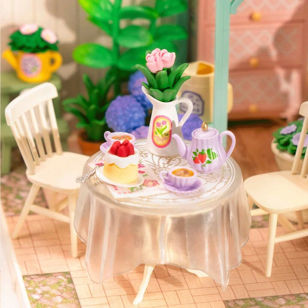 RoboTime 3D dřevěná skládačka Miniatura domečku Posezení s čajem v kvetoucí zahradě
