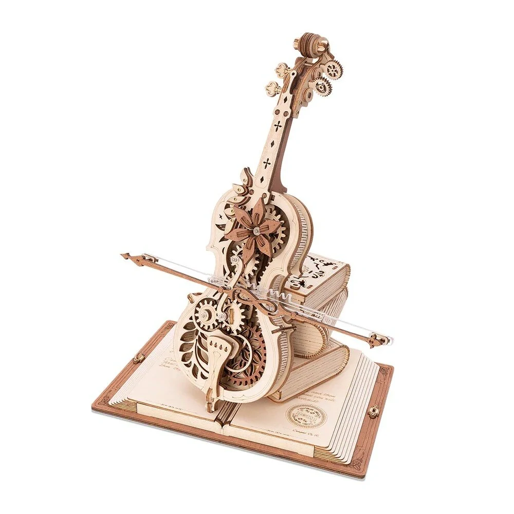 RoboTime 3D dřevěná skládačka hrací skříňky Kouzelné violoncello barevné (mechanický pohon)
