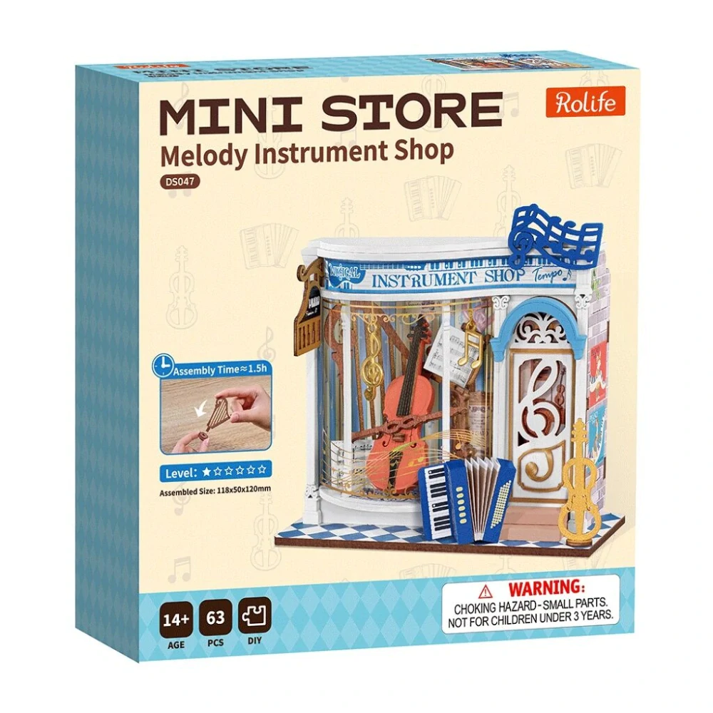 RoboTime 3D dřevěná skládačka Miniatura domečku mini Obchod s hudebními nástroji