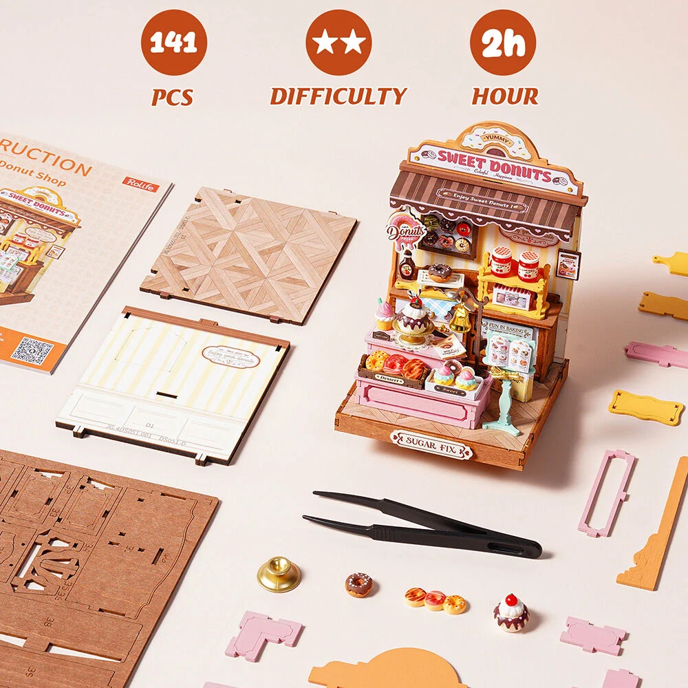 RoboTime 3D dřevěná skládačka Miniatura domečku Obchod s donuty