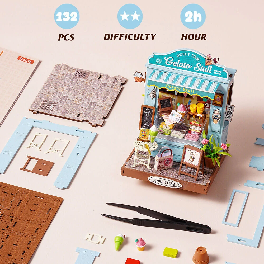 RoboTime 3D dřevěná skládačka Miniatura domečku Zmrzlinový stánek