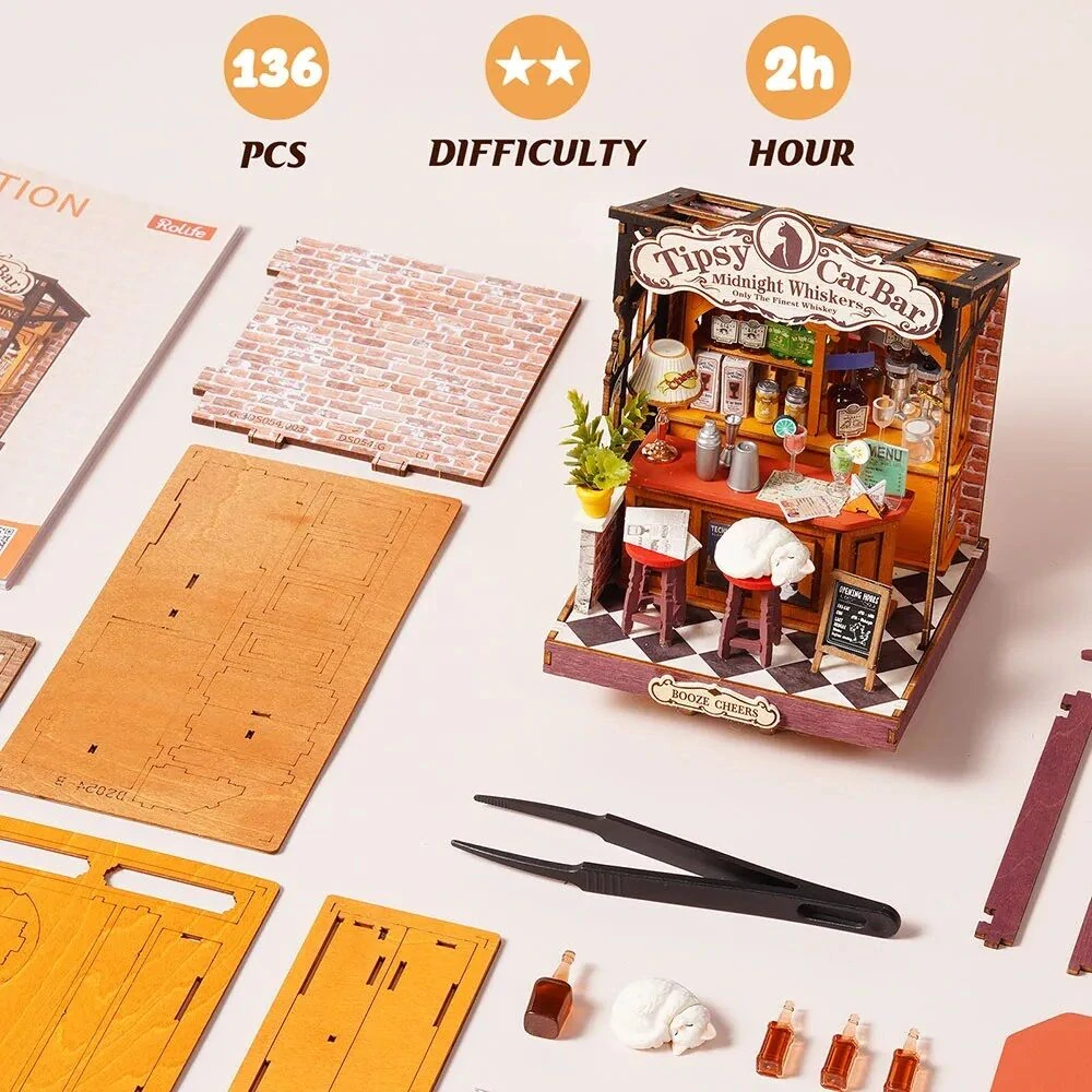 RoboTime 3D dřevěná skládačka Miniatura domečku Tipsy Cat Bar