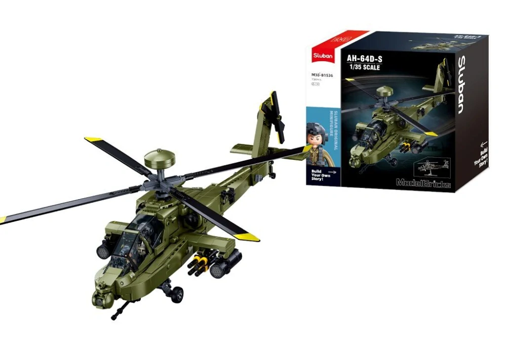 Sluban Model Bricks M38-B1536 Bitevní vrtulník AH-64D-S Apache v měřítku 1:35