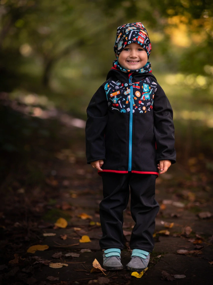 Unuo Dětská softshellová bunda s fleecem Basic Černá Roboti 92/98