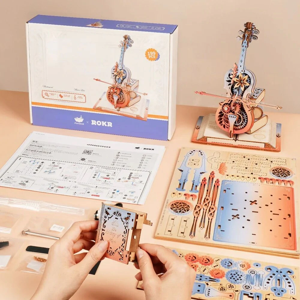 RoboTime 3D dřevěná skládačka hrací skříňky Kouzelné violoncello barevné (mechanický pohon)