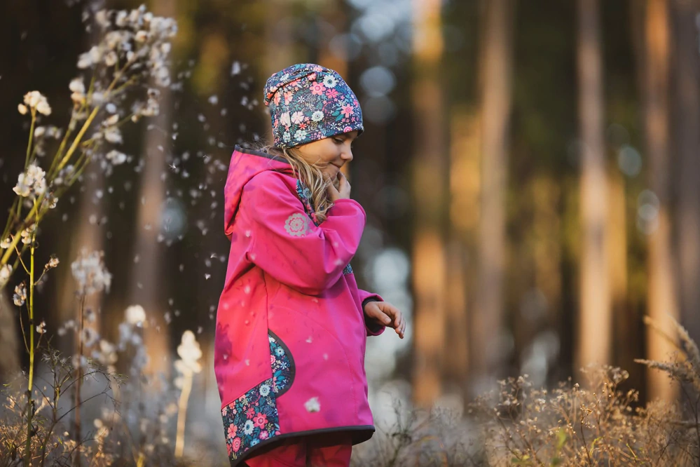 Unuo Dětská softshellová bunda s fleecem Basic Fuchsiová Květinky 104/110