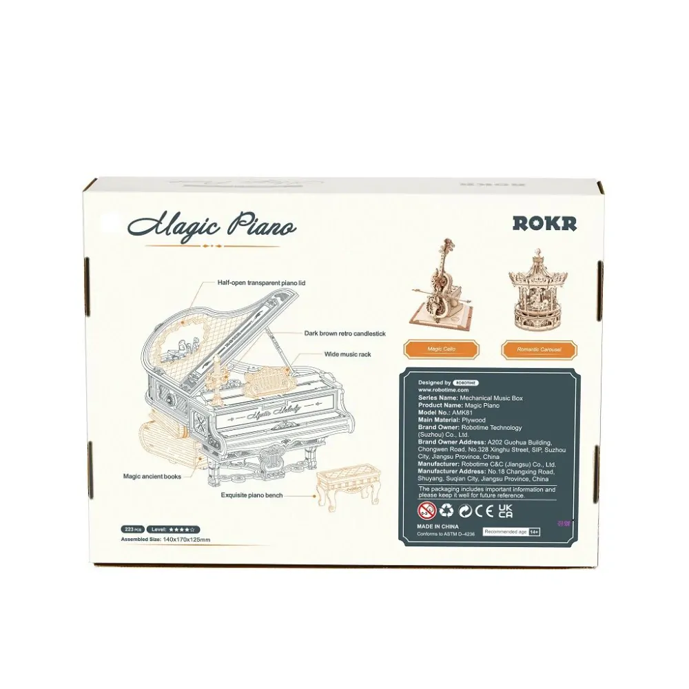 RoboTime 3D dřevěná skládačka hrací skříňky Kouzelné piano (mechanický pohon)