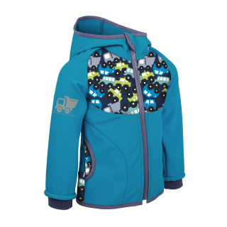 Unuo Dětská softshellová bunda bez zateplení Basic Modrozelená Aqua Autíčka 98/104