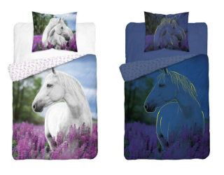 Detexpol Povlečení Bílý Kůň v levanduli Svítící  Bavlna, 140/200, 70/80 cm
