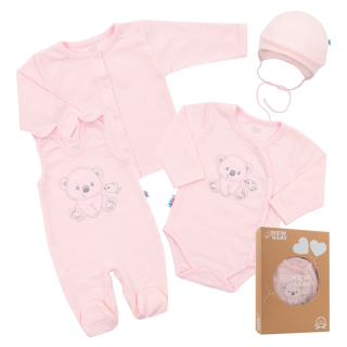 New Baby Kojenecká soupravička do porodnice v krabičce Sweet Bear Růžová, vel.56