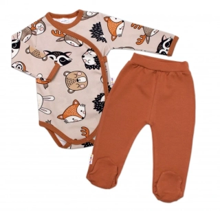 Baby Nellys 2-dílná sada Body dl. rukáv, polodupačky Spící zvířátka Cappuccino, vel.68