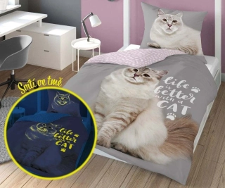 DETEXPOL Povlečení Kočka life svítící  Bavlna, 140/200, 70/80 cm